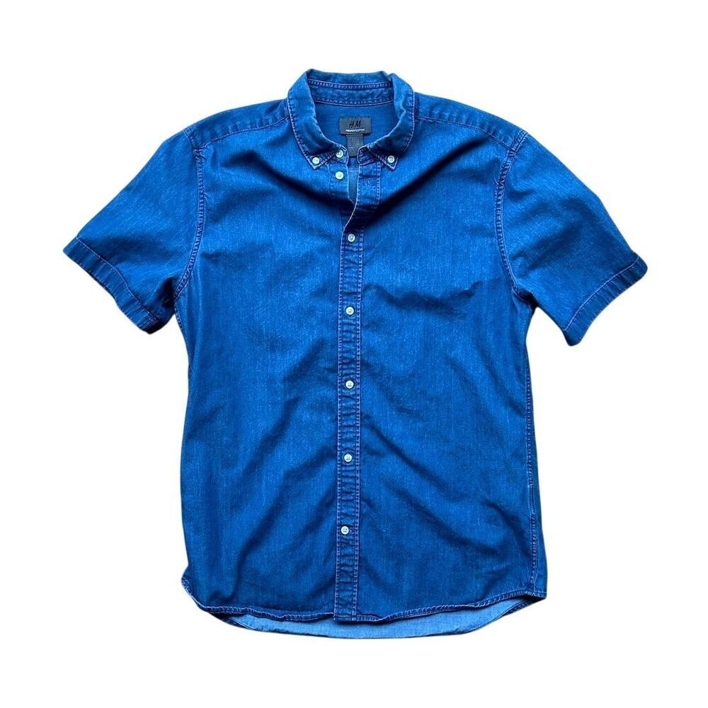 H&M Men's Blue Denim Short Sleeve Button-Down Shirt Size M Casual - Picture 4 of 8